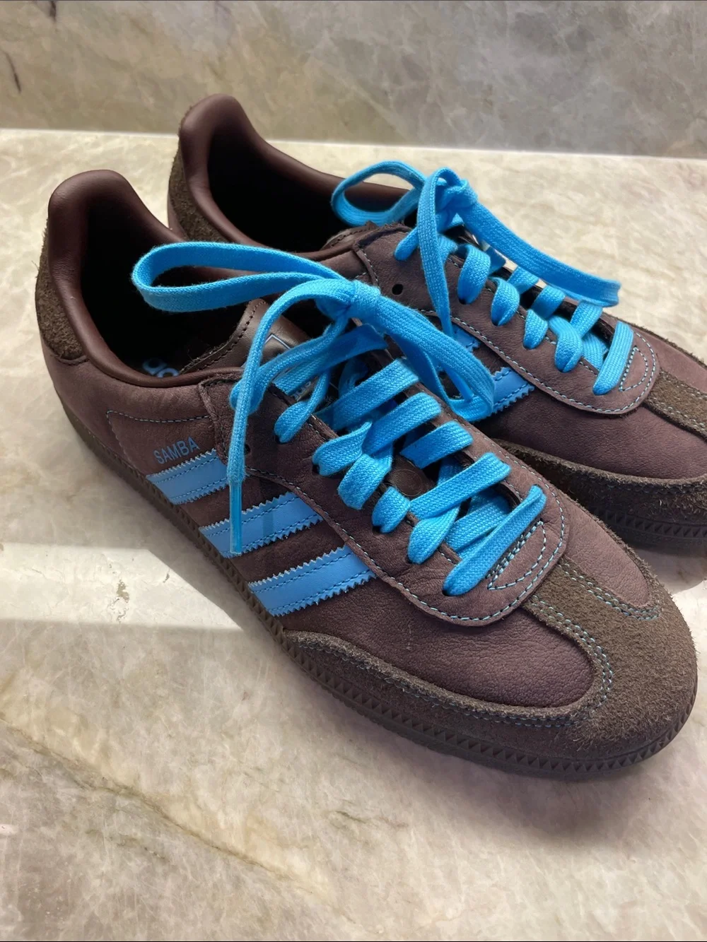 adidas Samba Brown Sneakers with Bright Blue Accents